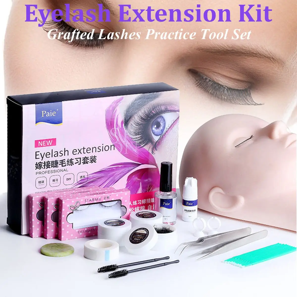 

12PCs/Set Eyelash Extension Kits with Mannequin Head Set Eye False Lashes Tool Curl Glue For Makeup Practice For Beginner