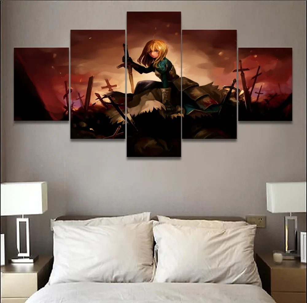 

Canvas Print Painting Home Decor Bedroom Wall Art 5 Pieces Anime Poster Fate Stay Night Saber Modular Pictures Decor Framework