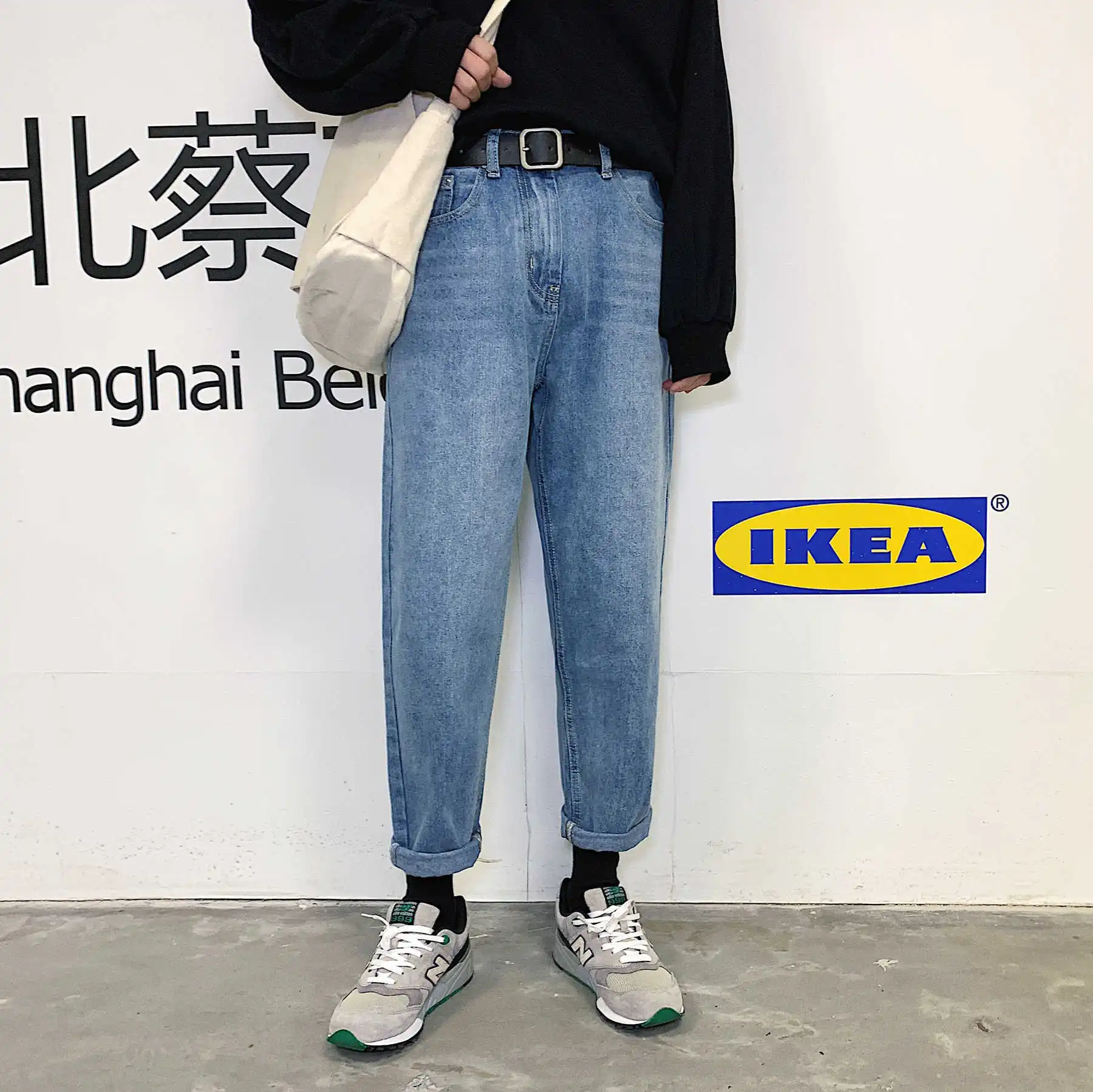 

men baggy Jeans Homme Straight Pants Solid Men's Cotton-blend Slight Stretch Whiskers Wash Effect Loose Jeans Hot