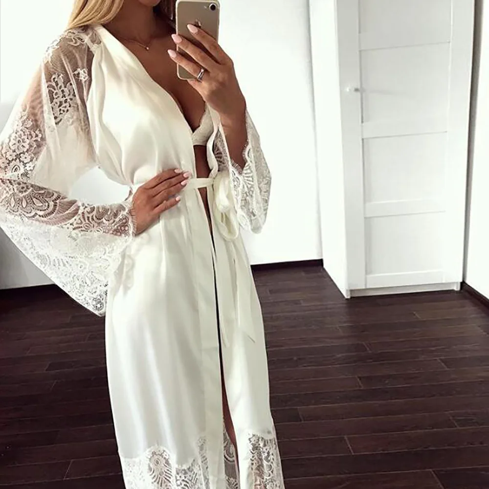 

Plus size Sexy Pajama Dress Lingerie with Robe Long Sleeve Lace Nightgown with Belt Sleepwear Satin Women Bridesmaid Bathrobe