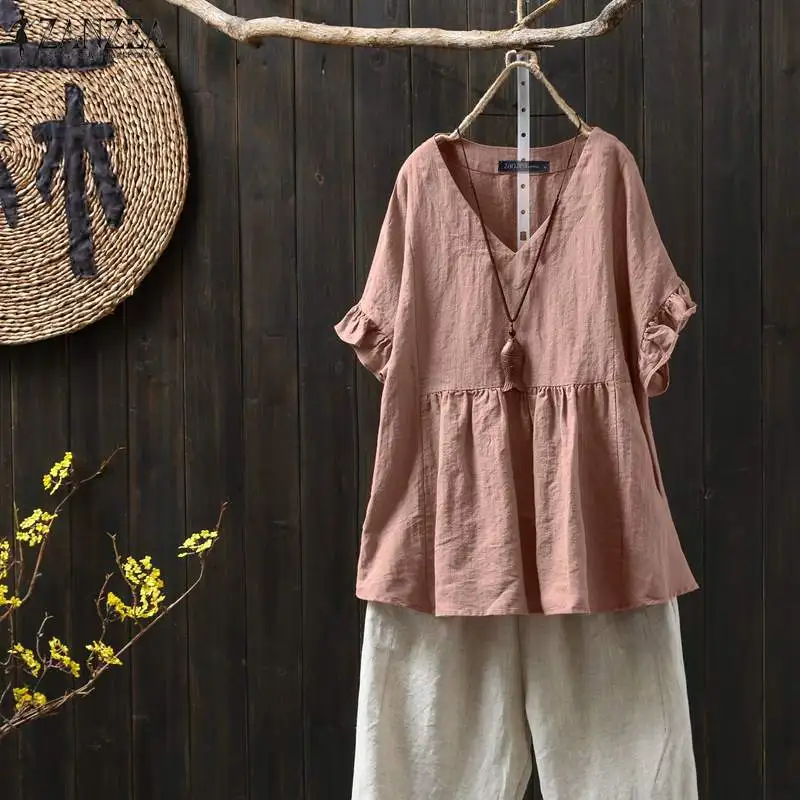 

Plus Size Summer Ruffle Tops Women's Linen Blouse 2019 ZANZEA Vinateg V Neck Short Sleeve Blusas Female Shirts Casual Chemise