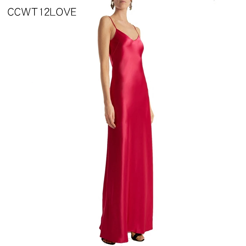 

Satin Party Dress Women Long 2019 Red Sleeveless Backless Floor Dress Summer Lady A Line Sexy V Neck Full Slips Maxi Underdress