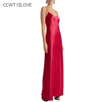 

Satin Party Dress Women Long 2019 Red Sleeveless Backless Floor Dress Summer Lady A Line Sexy V Neck Full Slips Maxi Underdress