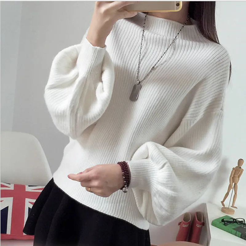 Turtleneck Sweater Women Autumn Winter Pullover Loose Knitted Lantern Sleeve Puff Female Sweaters Tops 38 | Женская одежда