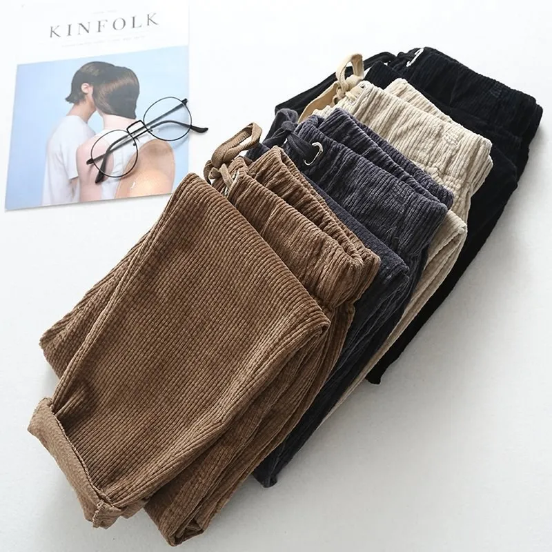 

Women 2019 New Warm Solid Corduroy Pants Winter Lace Up Elastic Waist Harem Pants High Waist Loose Casual Trousers