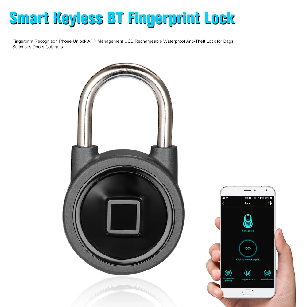 

Smart Keyless BT Fingerprint Lock Fingerprint Recognition Phone Unlock APP Management USB Rechargeable Waterproof