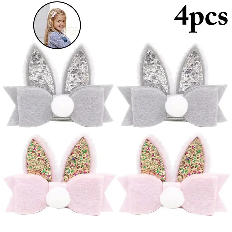 

4PCS Easter Bunny Ear Felt Child Hairpin Hair Ball Headdress Kids Hair Clip Cute Bowknot Bunny Ear Hair Pin Hair Barrette