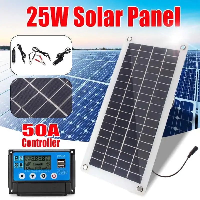 25W Solar Panel 12v/5v+Solar Charge Controller 2 USB Power Bank Board External Battery Charging Flexible Waterproof Solar Cell