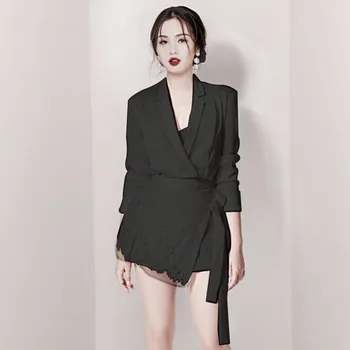 

Spring Summer Women OL Two Piece Set 2019 Runway White Sexy Silk Turn Down Collar Casual Blazer + Tie Bow Lace Mini Skirt Sets