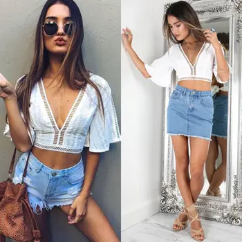 

Fashion Womens Long Sleeve Loose Blouse Lady Casual Shirt Summer Deep V-Neck Short sleeve Crop Tops Bare Midriff Slim Blouse
