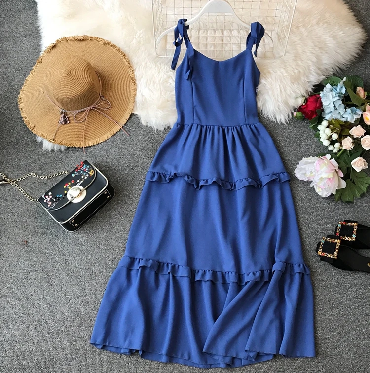 

New Women Casual Summer Beach Swing Sleeveless A-line Cake Dress Ladies Solid Cascading Ruffles Ruched Slip Middle Dress