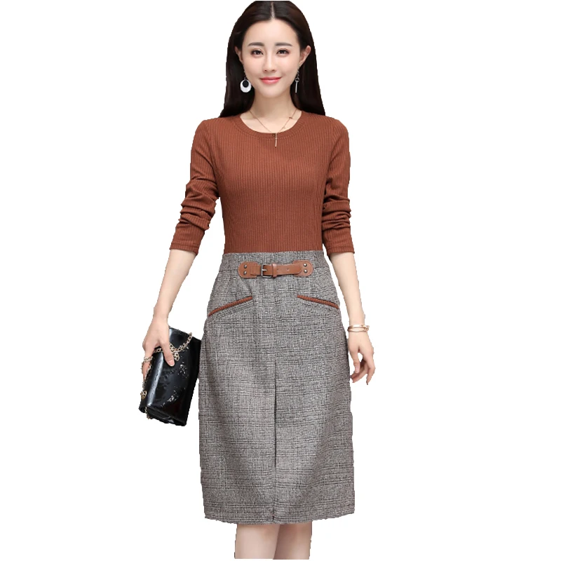 

2018 New Year Dress Female knitting Long sleeves Stitching plus size long section lattice Package hip Womens dress vistidos 087