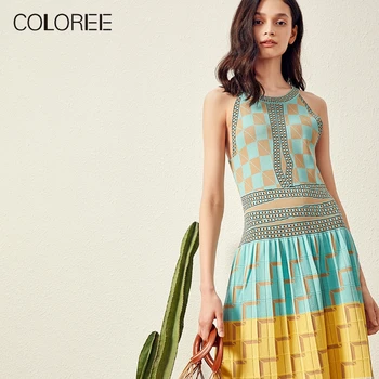 

COLOREE High Quality Vacation Beach Dress 2019 Summer Women Knitting Sexy Halter Neck Sleeveless Boho Plaid Long Sweater Dress