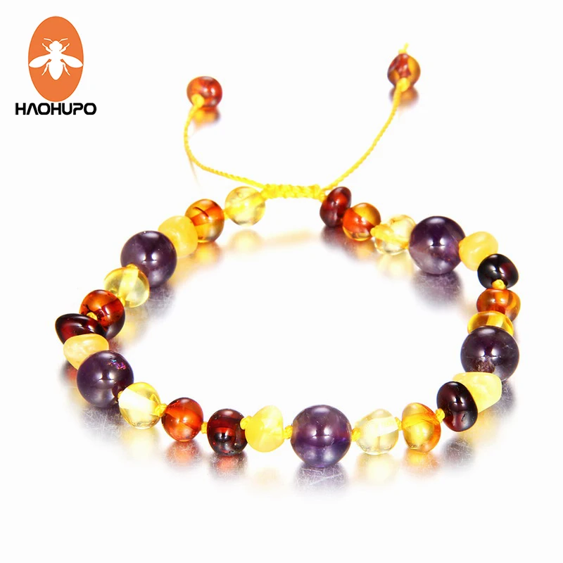 

HAOHUPO Multicolor Amber Bracelet with Natural Amethyst Braided Bracelets Anklet Handmade Fine Jewelry Cool Elegant Bijoux