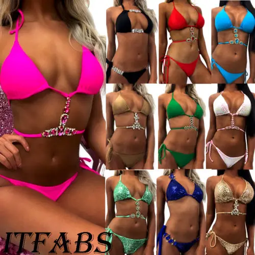 

Ladies Sequin Rhinestone Crystal Diamond Push-up Bikini Set Swimsuit Swimwear Women Bathing Suit