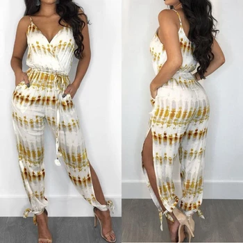 

Boho Summer 2019 Women Floral Print Bodycon Spaghetti Strap Jumpsuit V-neck Romper Wide Legs Trouser Playsuit
