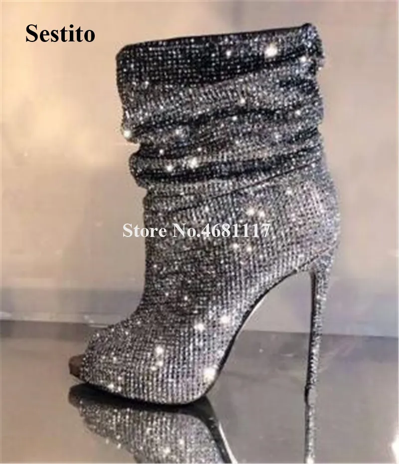 

Women Charming Bling Bling Peep Toe Rhinestone Stiletto Heel Short Gladiator Boots Gold Silver Crystal High Heel Ankle Booties