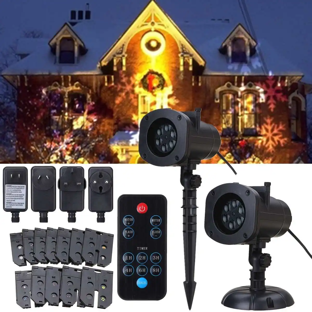 

Christmas Projection Light+12 Pattern Cards+Remote Control EU/US/UK/AU Plug 6 Color LED Lights Waterproof Flash Stage Lighting