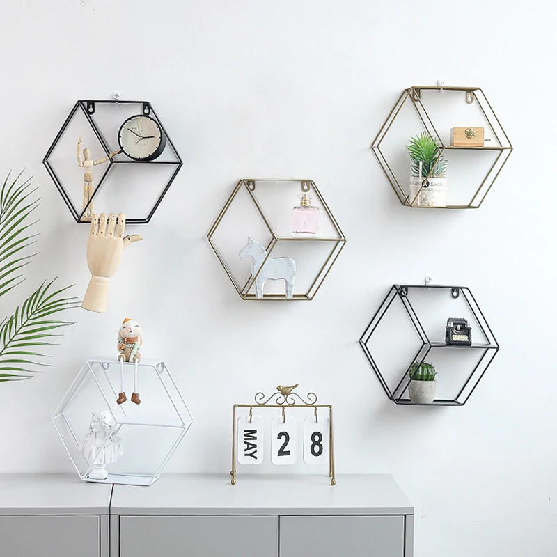 

WHISM Storage Holder Rack Hexagonal Hanging Ornament Iron Wall Shelf For Living Room Bedroom Kid Room Home DIY Wall Decoration
