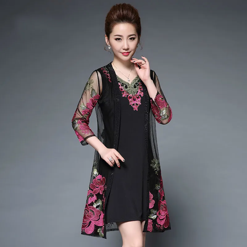 

Middle Age Women Summer Dress 2019 Vintage Floral Embroidery Two Piece Dress Plus Size Elegant Fashion Party Dresses Vestidos