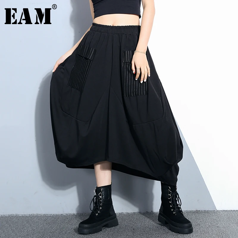 

[EAM] 2019 New Spring Summer High Elastic Waist Black Loose Sttriped Split Joint Loose Half-body Skirt Women Fashion Tide JQ183