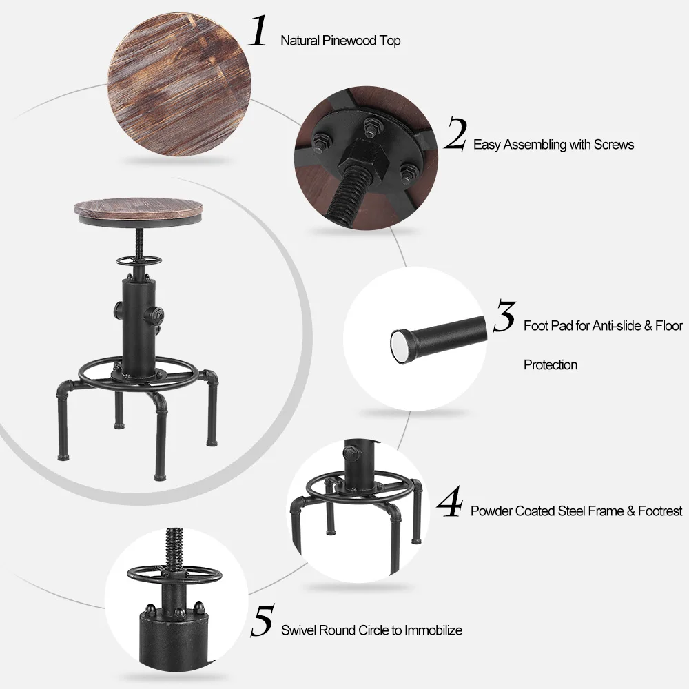iKayaa Bar Chairs Metal Industrial Bar Stool Height Adjustable Swivel Pinewood Top Kitchen Dining Chair Pipe Style Barstool