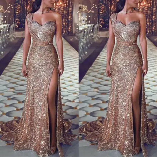

New Fashion Women Sequins One Shoulder Formal Long Evening Party Dress Prom Gown Bridesmaids Dresses
