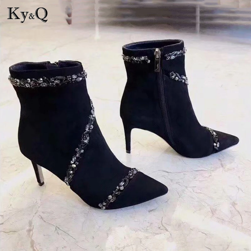 

2019 Brands Woman Solid Color Pointed Head Fine Heel Shoes Sexy Genuine Leather Rhinestone Shining Party High Heel Boots 35-41