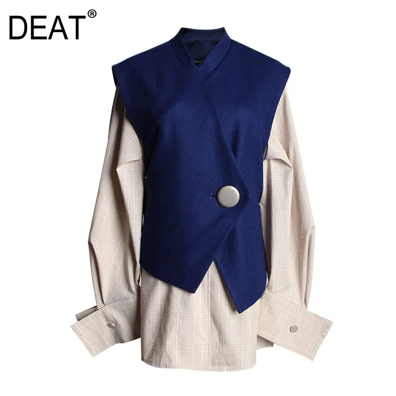 

[DEAT] 2019 New Autumn Winter Stand Collar Long Sleeve Blue Loose Plaid Stitch Two Piece Shirt Women Blouse Fashion Tide JI82