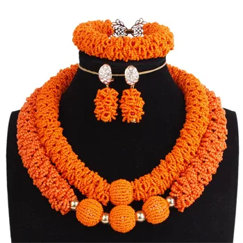 

African jewelry Sets for Women Orange & Balls Bold Earrings Bracelet and Necklace Set of Jewelry 2 Layers Christmas 2018 New Set