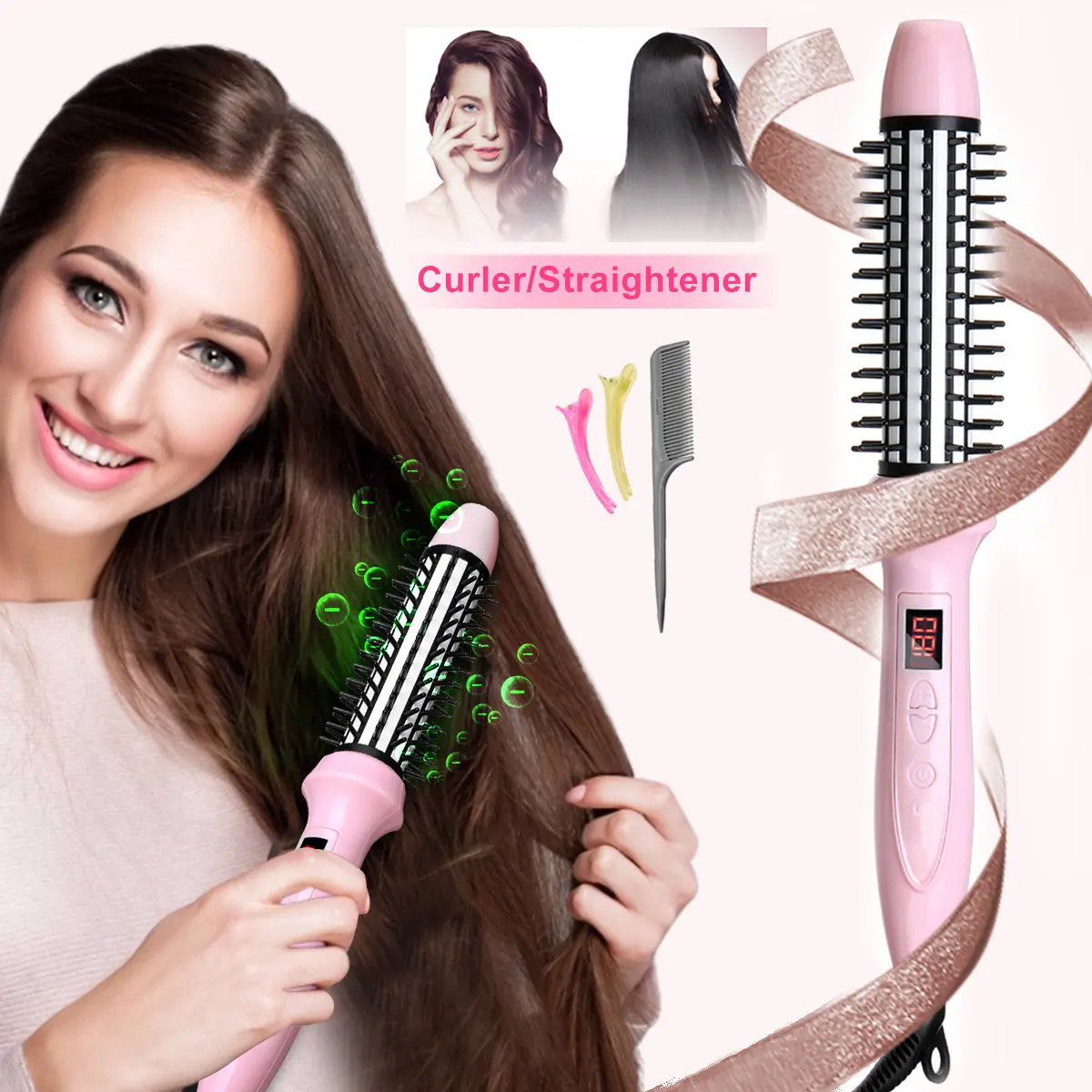 

Ceramic Negative Ion Hair Comb Hair Dryer Straightener Curler Electric Blow Dryer with LCD Hair Brush Styling Tool