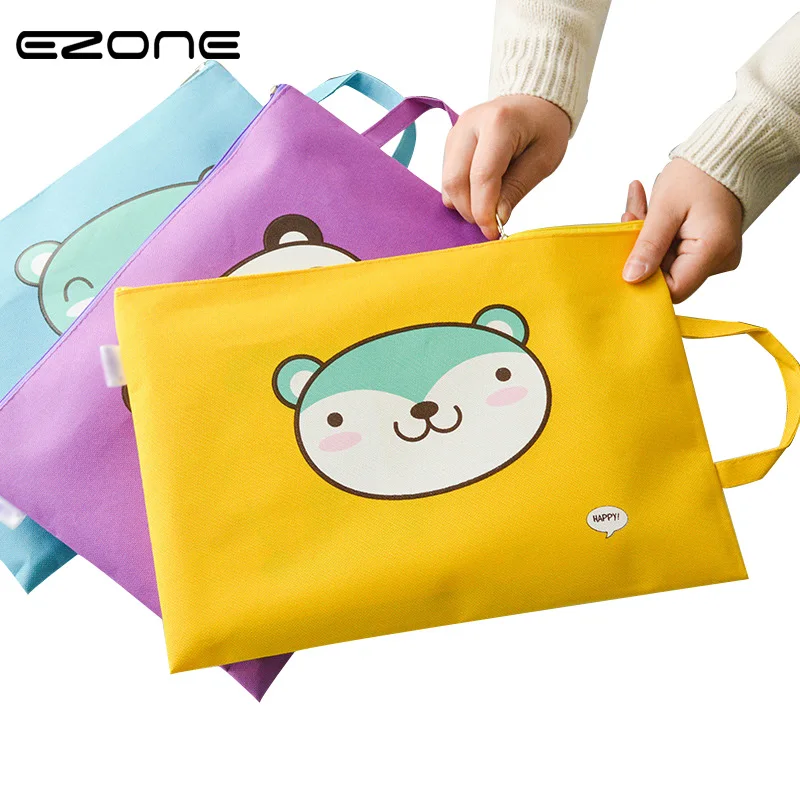 

EZONE 1PC Kawaii A4 Zipper File Bag Large Capacity Oxford Document Bag Cartoon Animals Handbag Students Portable File Folder