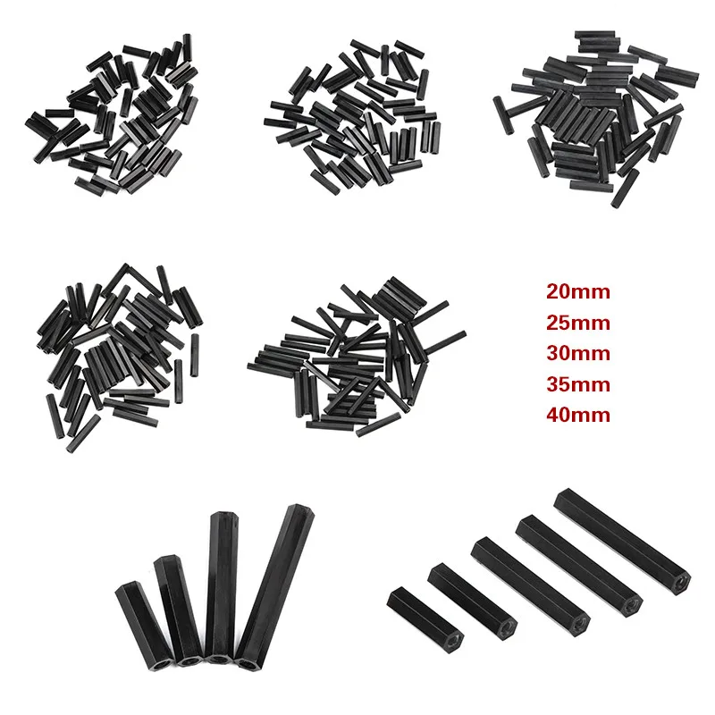 

50PCS/Set M3 Black Hex Nylon Standoff Spacer Column 20/25/30/35/40mm Flat Head Double Pass Nylon Plastic Spacing Screws