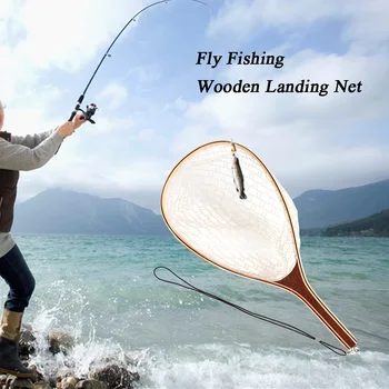 

60cm Landing Net Wooden Handle Frame Pole Fly Fishing Net Catch and Release Net