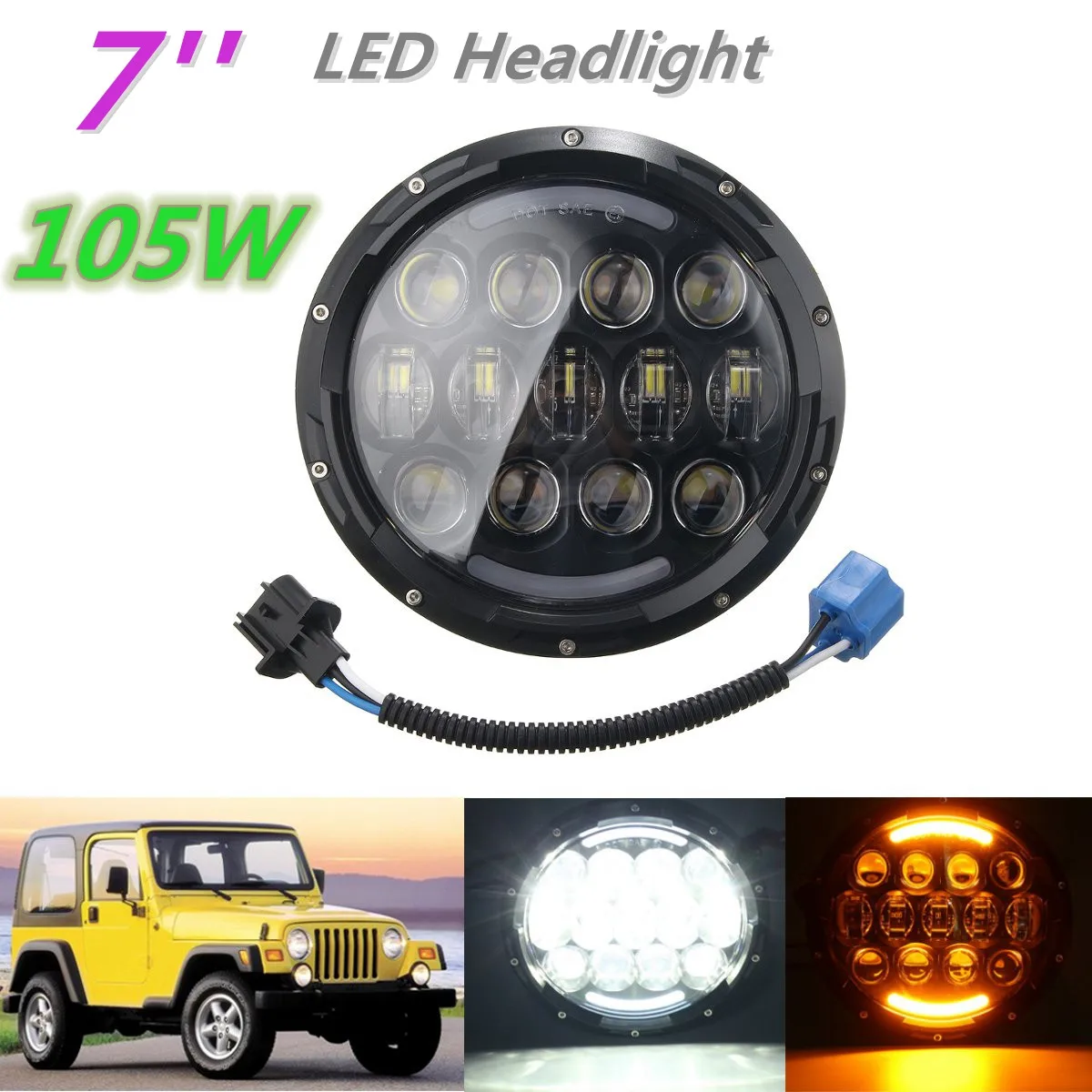 

1pc 7" 105W LED Headlight High/Low Beam DRL w/ H4 To H13 Plug for Jeep for Wrangler JK 1997-2016 For Harley Jeep for AM General