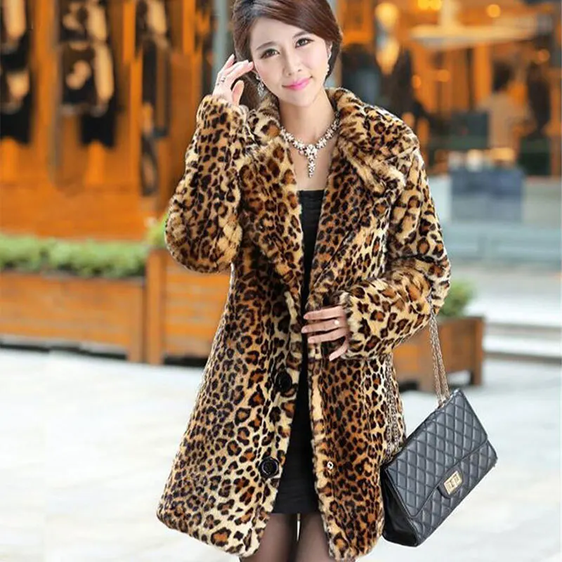 Sexy Léopard Femelle Grande coats Épais Beige Veste En Fausse Luxe Taille De Manteau Lapin Nouveau Pardessus Hiver Fourrure Femmes Vison Trench Chaud l15FTKuc3J