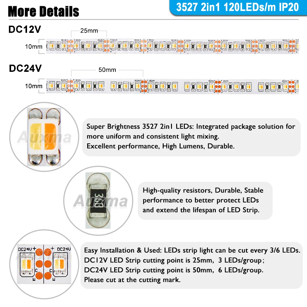Светодиодная лента 3527 2 в 1 120 светодисветодиодный s/m WWCW CCT IP20 12 В/24 В 19 яркости 600