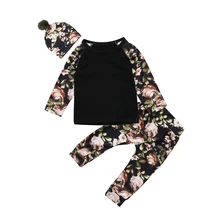 Одежда с цветочным принтом для новорожденных девочек, топы с длинными рукавами, футболки+ длинные штаны+ шапочка, комплекты из 3 предметов, Размер 0-24 месяцев