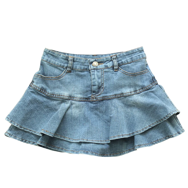 pleated denim mini skirt