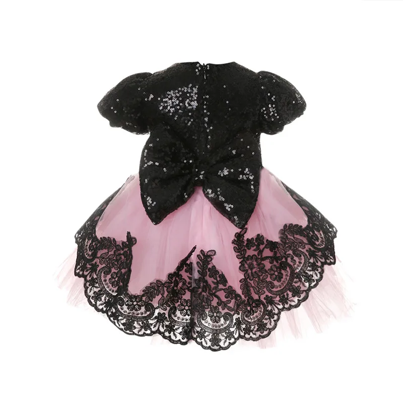 

Sequins Girl Princess Vestidos Dress Bow Knot Kids Wedding Formal Pageant Party Clothes Short Sleeve Toddler Zipper Lace Dress