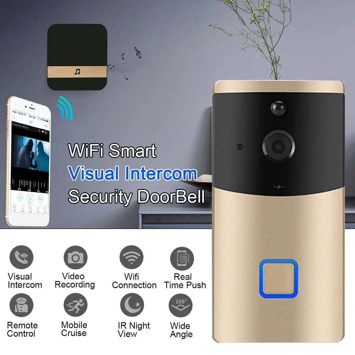 

Smart WiFi Video Doorbell Camera 1080P Visual Call Intercom Door Bell Night Vision Remote Record Home Security Monitoring