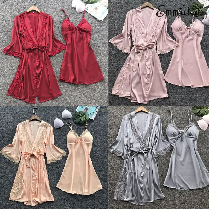 Летняя Сексуальная Женская атласная одежда для сна с нагрудники, пижамный комплект, кружевной Шелковый халат для спальни, комплекты с платьем