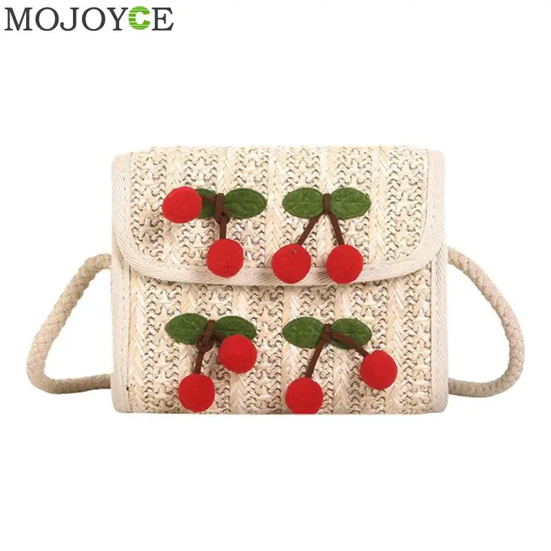 

New Summer Cherry Straw Messenger Bags Woven Day Clutch Flap Bag Beach Package Crossbody Shoulder Bag