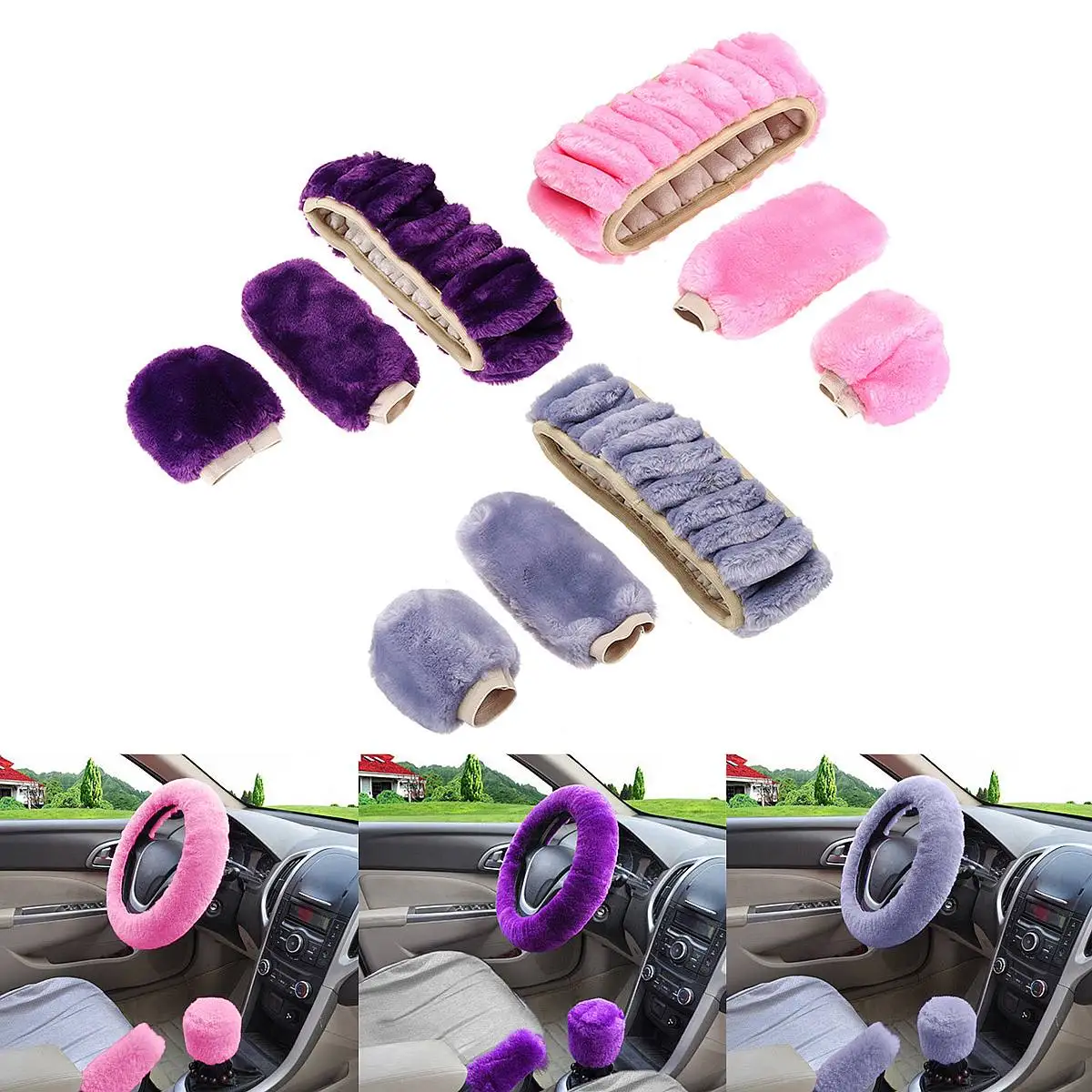 

3Pcs/Set Steering Wheel + Hand Brake + Stop Lever Cover Wool Plush Car Winter Warmer Pink Purple Blue Gray Soft Comfortable