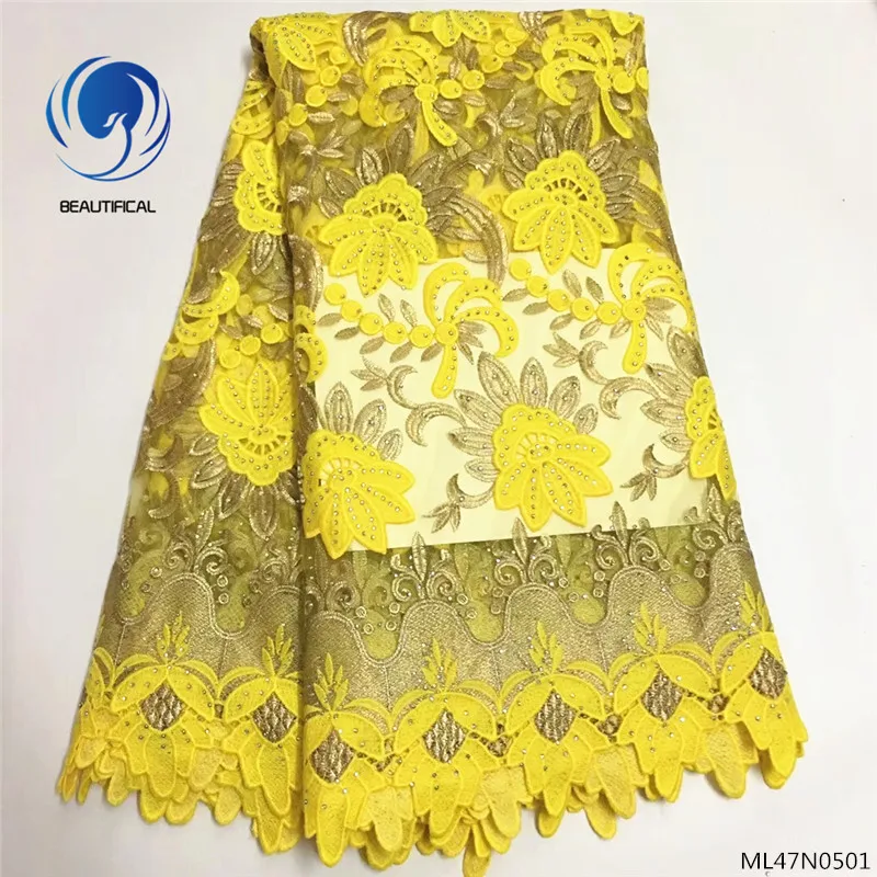 

BEAUTIFICAL lace fabric yellow fabrics for clothing lace tulle fabric with cord guipure lace fabric 5yards/lot for women ML47N05
