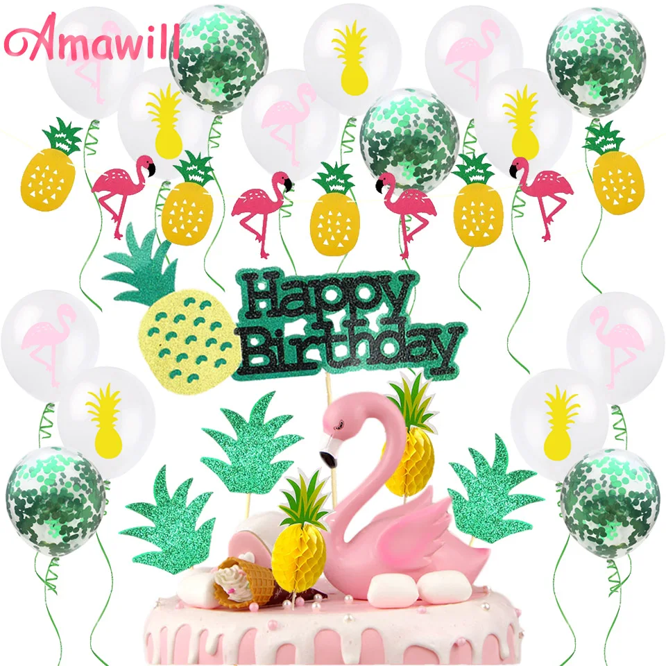 

Amawill Hawaiian Party Decorations Flamingo Pineapple Cake Topper Garland Balloons For Tropical Party Supplies Birthday 8D