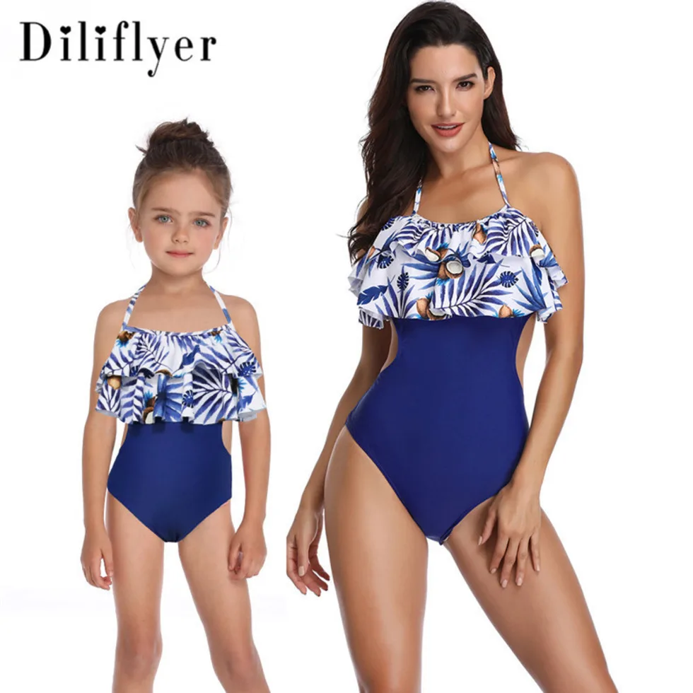 

2019 Explosion Models Bikini Swimsuit Print Conjoined Double Ruffle Parent-child Swimsuit