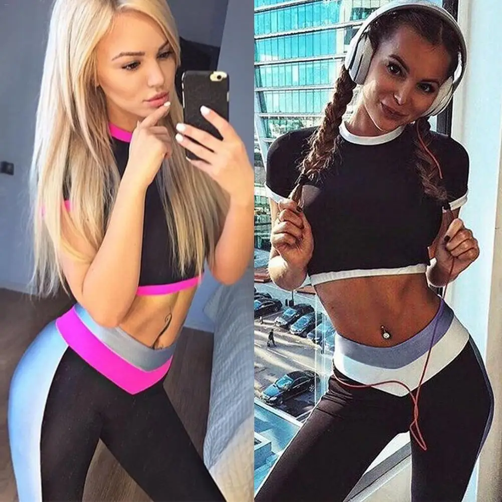 

YCDYZ Women Tracksuit Fitness Yoga Set For Women Long Pants Short Sleeve Breathable Women Sportswear Gym Jogging Suits Female