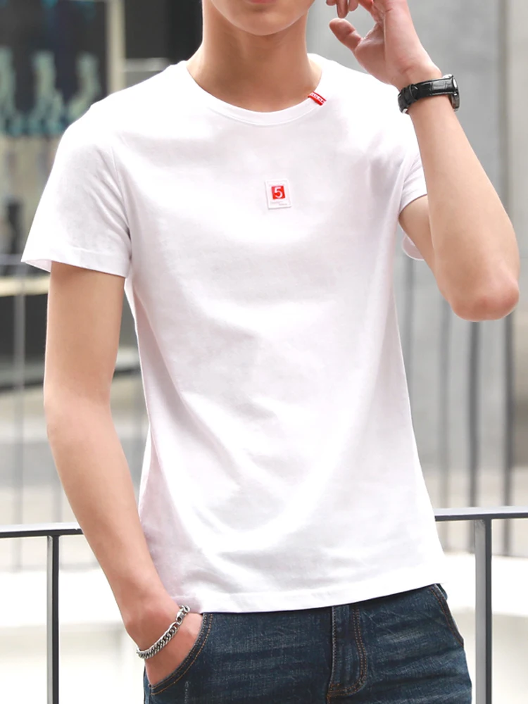 

2019 Men's short-sleeved T-shirt neck loose top summer Korean version of cotton white T-shirt half-sleeved tide