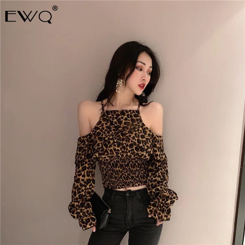 EWQ 2019 Spring Women's Sexy Strapless Long Petal Sleeve Shirt Chic Female Slash Neck Sling Blouse Leopard Print HD758 |
